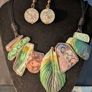 Elegant Green and Gold Leaf Necklace Set- Matches Perfectly With Green Linen Top